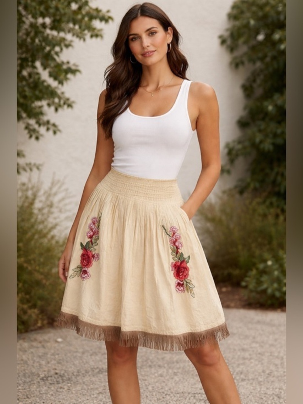 Sundance Catalog Embroidered khaki Floral Skirt Tan Pleated Fringed Hem 8 petite